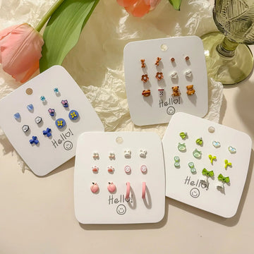 DAIIIBABYYY  -  Hot Selling Cute Flower Heart Cartoon Animal Stud Earrings Set for Women Korean Fashion Sweet Pink Peach Earring Jewelry